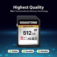 Load image into Gallery viewer, GIGASTONE 512GB SD Card, 4K Camera Pro MAX, A2 4K SDXC Memory Card High Speed 4K Ultra HD UHD Video Compatible with Canon Nikon Sony Pentax Kodak Olympus Panasonic Digital Camera, with 1 Mini case

