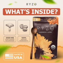 Load image into Gallery viewer, RYZE Mushroom Coffee | 6 Adaptogenic Mushrooms | USDA Organic | Instant Coffee | MCT Oil | USA Grown | Better Energy, Focus, Digestion, Immunity | Cordyceps, Lion’s Mane, Turkey Tail | 30 Servings
