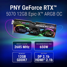 Load image into Gallery viewer, PNY NVIDIA GeForce RTX™ 5070 Epic-X™ ARGB OC Triple Fan, Graphics Card (12GB GDDR7, 192-bit, Boost Speed: 2685 MHz, SFF-Ready, PCIe® 5.0, HDMI®/DP 2.1, 2.4-Slot, Blackwell Architecture, DLSS 4)
