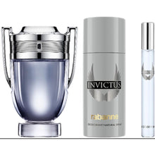 Load image into Gallery viewer, Paco Rabanne Invictus 3-Piece Gift Set for Men, (3.4 Oz Eau De Toilette Spray + 5.0 Oz Deodorant spray + 0.33 Oz Travel Spray)
