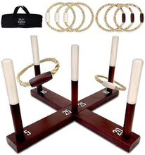 Load image into Gallery viewer, SWOOC Games - Rustic Ring Toss Game (All Weather) - Easy Setup &amp; Extra Games Included - Outdoor Ring Toss Game for Adults and Kids - Yard Activity For Adults - Oversized Lawn Activity - Rope Throw Set
