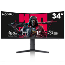Load image into Gallery viewer, KOORUI 34 Inch Ultrawide Curved Gaming Monitor 144Hz 165Hz, 1ms, 1000R, WQHD 3440×1440, 21:9, DCI-P3 90% Color Gamut, Adaptive Sync Compatible, Tilt/Height Adjustable Stand, HDMI/Display Port, 34E6UC
