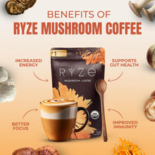 Load image into Gallery viewer, RYZE Mushroom Coffee | 6 Adaptogenic Mushrooms | USDA Organic | Instant Coffee | MCT Oil | USA Grown | Better Energy, Focus, Digestion, Immunity | Cordyceps, Lion’s Mane, Turkey Tail | 30 Servings
