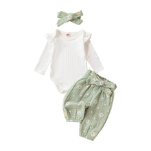 Load image into Gallery viewer, Kaipiclos Newborn Infant Girl Clothes Rib Knit Romper Daisy Print Pants Headband Baby Clothes for Girls 0 3 6 12 18 24 Months
