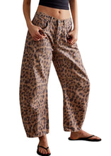 Load image into Gallery viewer, Womens Mid Rise Barrel Jeans Vintage Loose Wide Leg Jeans Cropped Denim Pants Y2k Baggy Boyfriend Jeans (X-Small,Leopard Khaki)
