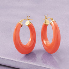 Load image into Gallery viewer, Ross-Simons Simulated Coral Hoop Earrings in 14kt Yellow Gold
