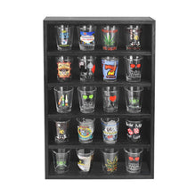 Load image into Gallery viewer, Ikee Design Wooden Wall-Mounted Display Shelves Rack for Collectibles, Figures,Shot Glasses,Spice Can,Cosmetics or Perfume, 5 Adjustable Height Shelves,Space-Saving, Black Color
