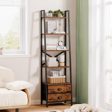 Load image into Gallery viewer, Furologee 5-Tier Ladder Shelf with 2 Drawers,Narrow Bookshelf Storage Shelves,Industrial Bookcase Freestanding Shelf Units for Bedroom,Living Room,Bathroom,Home Office,Balcony,Wood Metal,Rustic Brown

