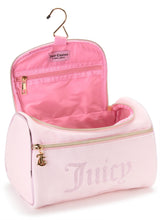 Load image into Gallery viewer, Juicy Couture Pink Makeup Bag Cosmetics Organizer Travel Essentials Hanging Duffel Velour Rhinestones
