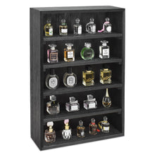 Load image into Gallery viewer, Ikee Design Wooden Wall-Mounted Display Shelves Rack for Collectibles, Figures,Shot Glasses,Spice Can,Cosmetics or Perfume, 5 Adjustable Height Shelves,Space-Saving, Black Color
