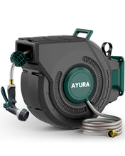 Load image into Gallery viewer, AYURA Retractable Garden Hose Reel 100 ft x 1/2 inch with Pro Metal Shaft, Heavy Duty Automatic Garden Hose Reels with Kink-Free Rewind and Lock at Any Length, Wall Mount Water Hose Reel for Outside
