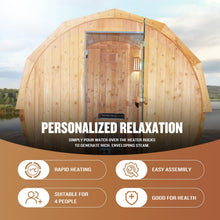 Load image into Gallery viewer, OUTEXER Outdoor Traditional Sauna 4-5 Person Wooden Saunas, 6’x6’Steam Wet Finnish Carbonized Spruce Wood Sauna 240V with 4.5KW Heater,Sauna Stone,Water Bucket,Ladle,LED Lights
