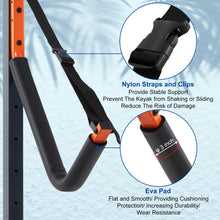 Load image into Gallery viewer, UOKRR Kayak Storage Rack, Heavy Duty Freestanding Dual Storage Rack with Hooks, Height Adjustable for 2 Kayaks, SUPs, Paddle Boards and Canoes
