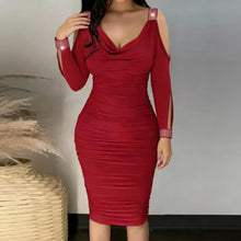 Load image into Gallery viewer, Women Rhinestone Cold Shoulder Ruched Cowl Neck Bodycon Midi Dress Sexy Elegant Vintage Party Cocktail Club Date Night Office Wear Red
