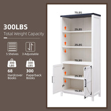 Load image into Gallery viewer, JXQTLINGMU 70" Farmhouse 5-Tier Storage Bookshelf-Bookcase with Adjustable Shelves &amp; Barn Door, Kitchen Pantry Bathroom Organizer, Storage Cabinet for Living Room, Dining Room (White)
