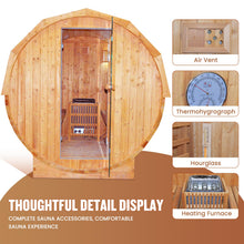 Load image into Gallery viewer, OUTEXER Outdoor Traditional Sauna 4-5 Person Wooden Saunas, 6’x6’Steam Wet Finnish Carbonized Spruce Wood Sauna 240V with 4.5KW Heater,Sauna Stone,Water Bucket,Ladle,LED Lights
