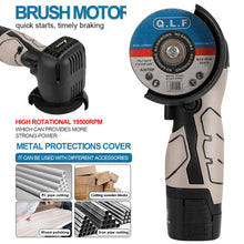 Load image into Gallery viewer, ZFULVO Cordless Brush Angle Grinder Kit, 19500rpm Mini Electric Angle Grinding Tool with 2pcs 16.8V 2000mAh Batteries and 6-Cutting Discs, Grinder Handheld Cutter for Metal Wood

