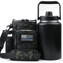 Load image into Gallery viewer, 1 Gallon Insulated Water Bottle with Sleeve - 128 Oz Stainless Steel Water Jug with Handle - Wide Mouth Water Flask with Camo Tactical Carrying Bag for Outdoors, Sport, Gym, Hiking (Black)
