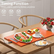 Load image into Gallery viewer, Electric Food Warming Mat: Silicone Food Warmer for Parties Buffet, Portable Fast Heating Pads for Food, Pizza Coffee Tea Heater Meat Defrosting Tray Adjustable Temperature (Orange)
