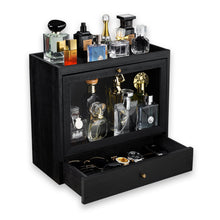 Load image into Gallery viewer, Emfogo Cologne Organizer for Men, Solid Wood Perfumes Organizer for Men Dresser, Large Capacity Dustproof Cologne Holder with Drawer Storage Perfume Stand Organizer, Gift for Men (Black)
