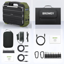 Load image into Gallery viewer, BROWEY 1600W (3200W Peak) Portable Power Station with 120W Solar Panel, 1024Wh LiFePO4 Battery with Built-in Solar Panel, Fast Charging, Solar Generator for Camping, RV, Home Backup, Emergency

