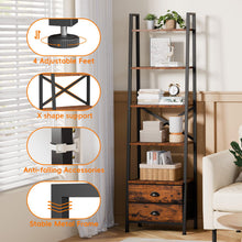 Load image into Gallery viewer, Furologee 5-Tier Ladder Shelf with 2 Drawers,Narrow Bookshelf Storage Shelves,Industrial Bookcase Freestanding Shelf Units for Bedroom,Living Room,Bathroom,Home Office,Balcony,Wood Metal,Rustic Brown
