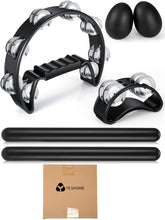 Load image into Gallery viewer, Yeshone 6 Pcs Tambourines for Adults, Hand Held Half Moon Tambourine Foot Tambourine with Bells Wood Rhythm Sticks Egg Shakers Musical Hand Percussion Instrument Set for Party Music Supplies (Black)
