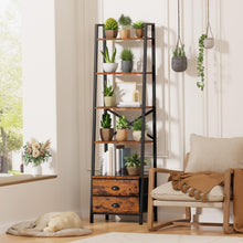 Load image into Gallery viewer, Furologee 5-Tier Ladder Shelf with 2 Drawers,Narrow Bookshelf Storage Shelves,Industrial Bookcase Freestanding Shelf Units for Bedroom,Living Room,Bathroom,Home Office,Balcony,Wood Metal,Rustic Brown
