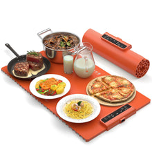 Load image into Gallery viewer, Electric Food Warming Mat: Silicone Food Warmer for Parties Buffet, Portable Fast Heating Pads for Food, Pizza Coffee Tea Heater Meat Defrosting Tray Adjustable Temperature (Orange)
