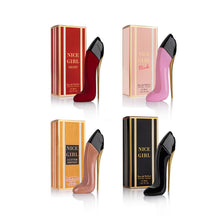 Load image into Gallery viewer, Nice Girl 4 PC Mini Perfume Gift Set for Women, Sweet Vanilla Floral Fragrance, Tuberose, Rose, Amber, Cacao, Powdery Almond, Travel Size 30ml Eau De Parfum, Classic, Velvet, Glitter, &amp; Blush
