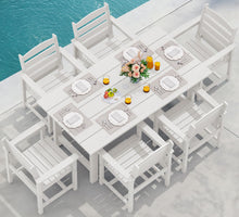 Load image into Gallery viewer, SERWALL 7-Piece Patio Dining Table Sets, Outdoor HDPE Dining Furniture Set with Umbrella Hole Cut-Out Table and 6 Chairs, White

