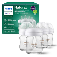 Load image into Gallery viewer, Philips Avent Natural Glass Baby Bottles with Natural Response Nipples (Slow Flow, Flow 2), 4oz, 4-Pack, SCY910/04
