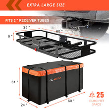 Load image into Gallery viewer, Hitch Mount Cargo Carrier Basket 60"*25"*6"+Waterproof Bag 25 Cubic Feet(60"*24"*31"),and Cargo Net with Attachment Hooks,Ratchet Straps,Hitch Stabilizer.500 Lbs Capacity,Foldable,fit 2" Receiver
