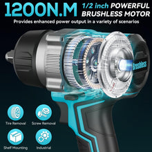 Load image into Gallery viewer, 1/2 Inch Cordless Impact Wrench, 900 Ft-lbs (1200 N·m) High Torque Brushless Impact Driver Gun, 2300 RPM, 2×4.0 Ah Batteries, LED Light, 4 Sockets, Variable Speed Power Tool for Car &amp; Tire Removal
