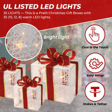 Load image into Gallery viewer, 3-Piece Lighted Gift Boxes - Pre Lit Christmas Decoration with Ribbons for Indoor/Outdoor Use (8in) - Weather Resistant Yard Home Decor with Warm UL Lights
