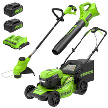 Load image into Gallery viewer, Greenworks 48V (24V x 2) 20" Brushless Cordless Lawn Mower + 12" String Trimmer + 320 CFM Leaf Blower Combo Kit with (2) 4.0Ah Batteries &amp; Dual Port Fast Charger
