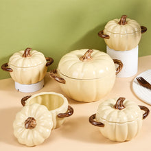 Load image into Gallery viewer, Maxdot Set of 5 Ceramic Pumpkin Bowls with Lid and Handles Pumpkin Shape Soup Serving Pot Storage Jar for Fall Thanksgiving Halloween Party Kitchen Dessert Decoration 17Oz &amp; 54Oz(Cream Yellow)
