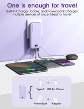 Load image into Gallery viewer, Portable Charger, 10000mAh PD20W USB C Fast Charging Power Bank with Built-in Cables and AC Wall Plug, Smart LED Display Travel Essentials Battery Pack Compatible with iPhone, iPad, Samsung etc Purple
