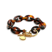 Load image into Gallery viewer, Bling Jewelry Fashion Statement Brown Golden Acrylic Marbled Leopard Tortoise Shell Oval Chain Link Bracelet for Women Teen Yellow Gold Plated Stainless Steel Adjustable Toggle Closure
