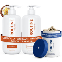 Load image into Gallery viewer, Routine Wellness Hair Thinning System, Anti-Thinning Shampoo &amp; Conditioner Set (Coconut &amp; Vanilla) + Hair Growth Supplement, Clinically Tested to Support Hair Growth
