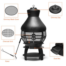 Load image into Gallery viewer, Giantex Wood Burning Chiminea, Heavy Duty Fireplace Chimenea Wooden Fire Pit with 2-Piece Log Grate, Premium Rain Cap &amp; Fire Poker, 360°Fire Retardant Mesh Cover, Ideal for Garden, Patio, Backyard
