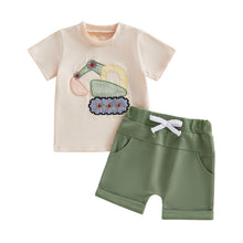 Load image into Gallery viewer, FOCUSNORM Toddler Baby Boy Summer Clothes Excavator Embroidery Short Sleeve T-Shirt Elastic Waist Shorts Set 2 Piece Outfit (Cute Green, 12-18 Months)
