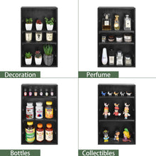 Load image into Gallery viewer, Ikee Design Wooden Wall-Mounted Display Shelves Rack for Collectibles, Figures,Shot Glasses,Spice Can,Cosmetics or Perfume, 5 Adjustable Height Shelves,Space-Saving, Black Color
