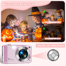 Load image into Gallery viewer, Digital Camera, FHD 4K Point and Shoot Camera with 2.88' IPS Screen, 48MP 4K Video, 16X Zoom, Macro Mode, Flash - Compact Beginner Camera for Teens, Pink
