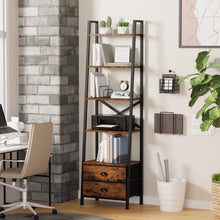 Load image into Gallery viewer, Furologee 5-Tier Ladder Shelf with 2 Drawers,Narrow Bookshelf Storage Shelves,Industrial Bookcase Freestanding Shelf Units for Bedroom,Living Room,Bathroom,Home Office,Balcony,Wood Metal,Rustic Brown
