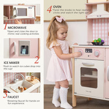 Load image into Gallery viewer, Tiny Land Kids Kitchen Playset, Height Adjustable Wooden Play Kitchen Set w/Real Lights &amp; Sounds, 18 Pcs Toy Food &amp; Cookware Accessories, Ideal Role Play Toy Gift for Toddlers Girls Ages 3-8, Pink
