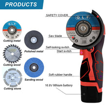Load image into Gallery viewer, ZFULVO Cordless Brush Angle Grinder Kit, 19500rpm Mini Electric Angle Grinding Tool with 2pcs 16.8V 2000mAh Batteries and 6-Cutting Discs, Grinder Handheld Cutter for Metal Wood
