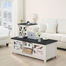 Load image into Gallery viewer, Joaxswe 48" Farmhouse Coffee Table with Storage and Glass Sliding Barn Doors Modern Industrial Center Table with Adjustable Shelves Rustic Rectangular Table for Living Room, White-Double Sided Design
