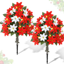 Load image into Gallery viewer, Thiccywoov 2 Pack 3ft Christmas Artificial Poinsettia Flowers Urn Filler Outdoor Prelit Topiary Trees Large Lighted Poinsettias Faux Poinsettia Trees with LED Lights Stake for Porch Yard (Red,White)
