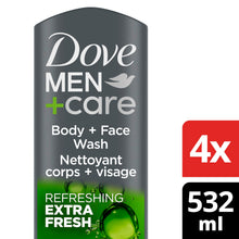 Load image into Gallery viewer, Dove Men+Care Body Wash Extra Fresh 4 Count for Men's Skin Care Body Wash Effectively Washes Away Bacteria While Nourishing Your Skin 18 oz
